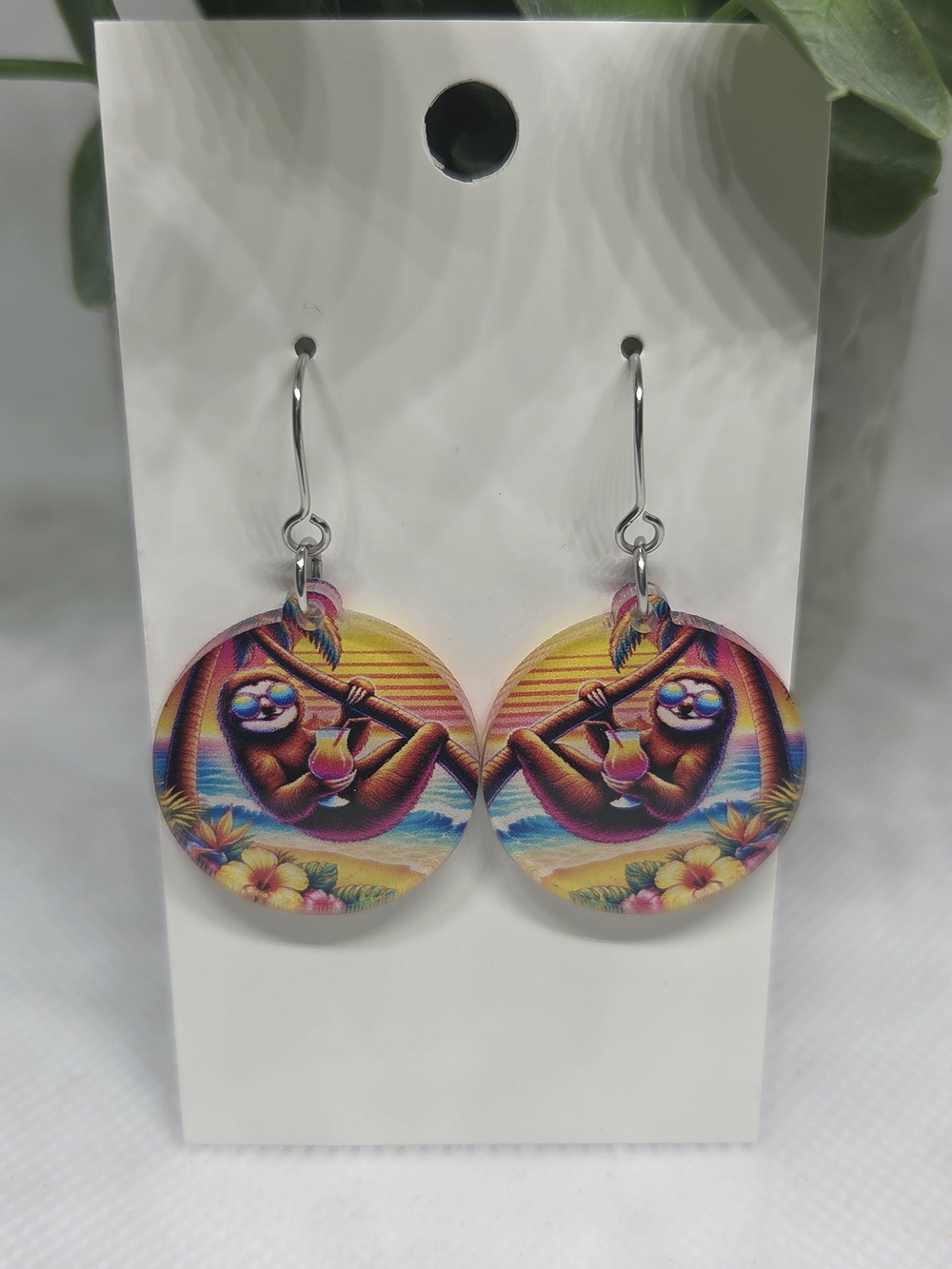 Tropical Sloth Drop Earrings - Pink & Yellow